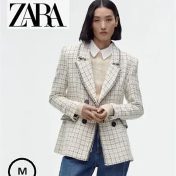 Zara, Textured Double-Breasted Blazer - White/Black. Size: M. NWT. - Picture 2 of 16